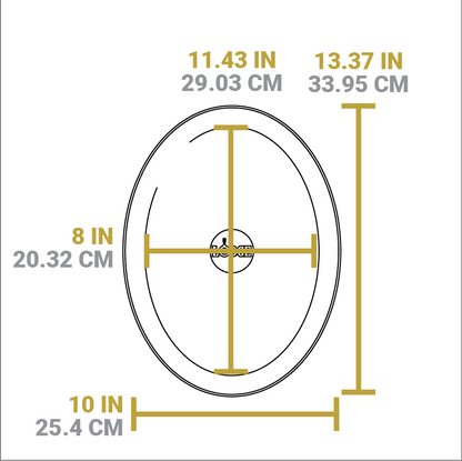 Dimensional drawing of product. Width of flat bottom is 11.43 inches, length is 8 inches, total width is 13.37 inches, total length is 10 inches.