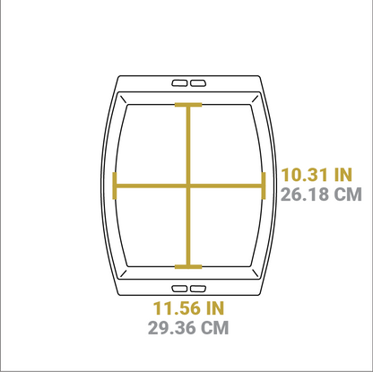 Dimensional drawing of product. Width of cooking surface is 11.56 inches, length of cooking surface is 10.31 inches.