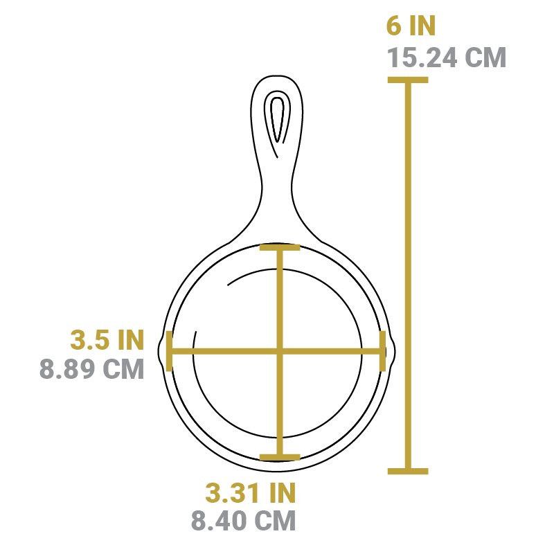 Dimensional drawing product. Full length is 6 inches, length of cooking surface is 3.31 inches, width of cooking surface is 3.5 inches.