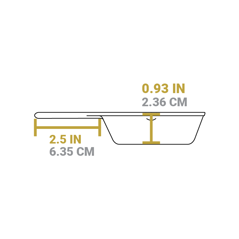 Dimensional drawing product. Depth of cooking surface is 0.93 inches, handle length is 2.5 inches.