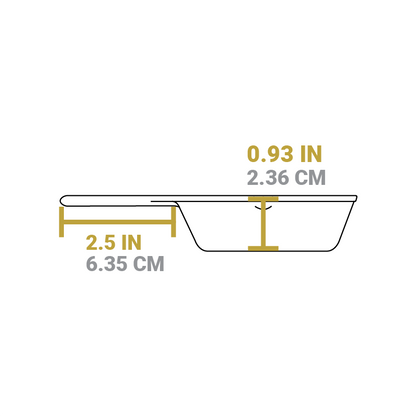 Dimensional drawing product. Depth of cooking surface is 0.93 inches, handle length is 2.5 inches.