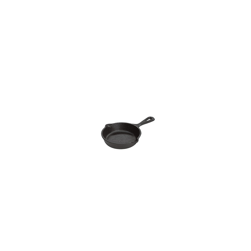 Cast iron skillet with one long handle, there's a pour spout on the left and right side.