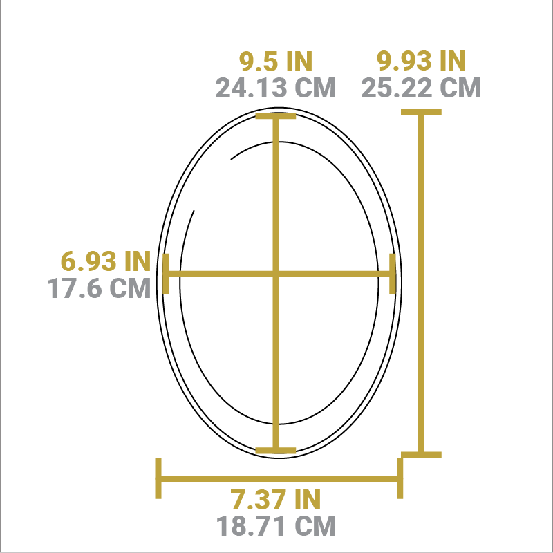 Dimensional drawing of product. Width of cooking surface is 9.5 inches, length is 6.95 inches, total width is 9.93 inches, total length is 7.37 inches.