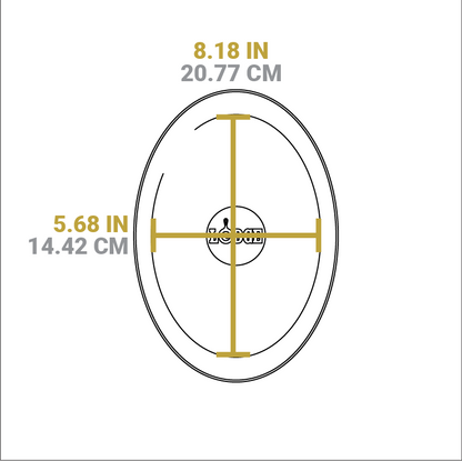 Dimensional drawing of product. Width of flat bottom is 8.18 inches, length is 5.68 inches.