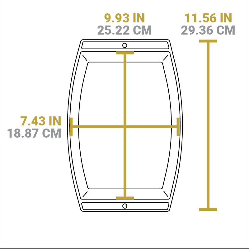 Dimensional drawing of product. Width of cooking surface is 9.93 inches, length of cooking surface is 7.43 inches, and total width is 11.56 inches.