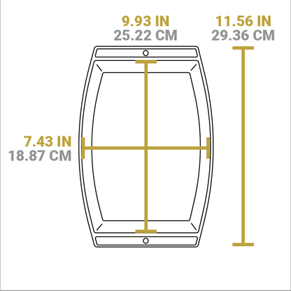 Dimensional drawing of product. Width of cooking surface is 9.93 inches, length of cooking surface is 7.43 inches, and total width is 11.56 inches.
