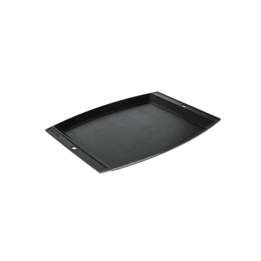 Black griddle shaped similar to a tray, with slightly rounded sides.