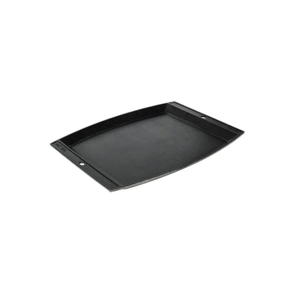 Black griddle shaped similar to a tray, with slightly rounded sides.