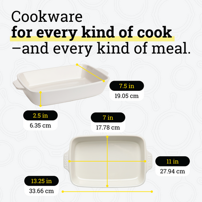 Dimensional drawings of casserole dish. Product height is 2.5 inches, width is 7.5 inches, length is 13.25 inches. Cooking surface width is 7 inches, surface length is 11 inches.
