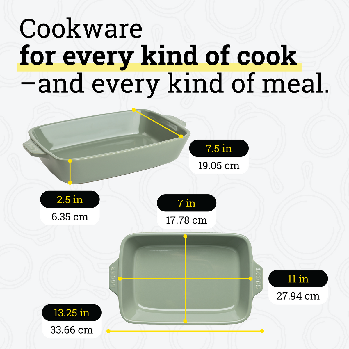 Dimensional drawings of casserole dish. Product height is 2.5 inches, width is 7.5 inches, length is 13.25 inches. Cooking surface width is 7 inches, surface length is 11 inches.