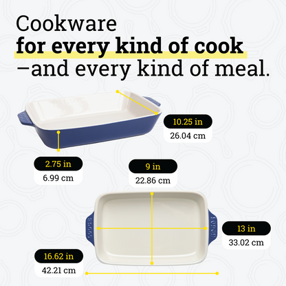 Dimensional drawings of casserole dish. Product height is 2.75 inches, width is 10.25 inches, length is 16.62 inches. Cooking surface width is 9 inches, surface length is 13 inches.