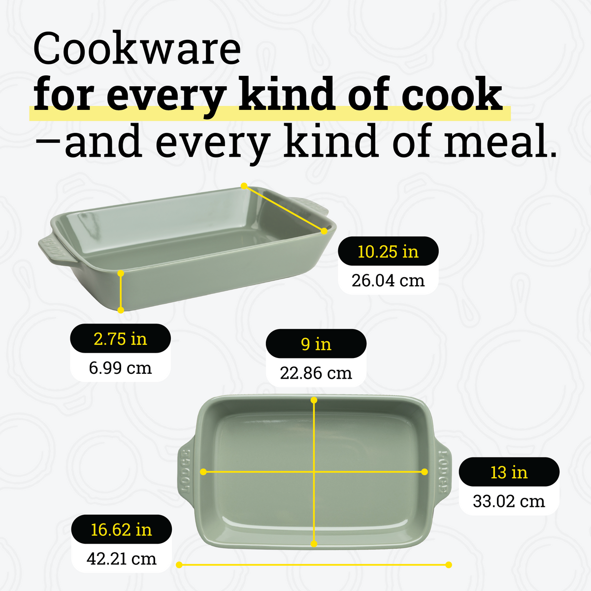 Dimensional drawings of casserole dish. Product height is 2.75 inches, width is 10.25 inches, length is 16.62 inches. Cooking surface width is 9 inches, surface length is 13 inches.