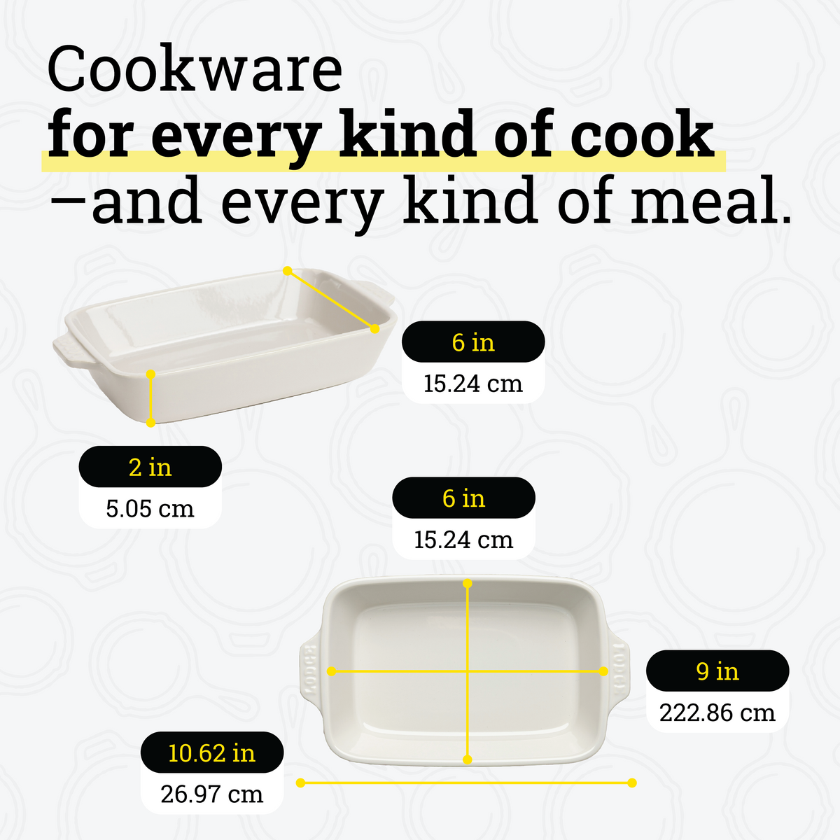 Dimensional drawings of casserole dish. Product height is 2 inches, width is 6 inches, length is 10.62 inches. Cooking surface width is 6 inches, surface length is 9 inches.