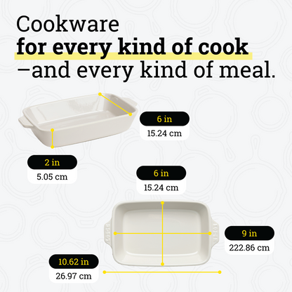 Dimensional drawings of casserole dish. Product height is 2 inches, width is 6 inches, length is 10.62 inches. Cooking surface width is 6 inches, surface length is 9 inches.