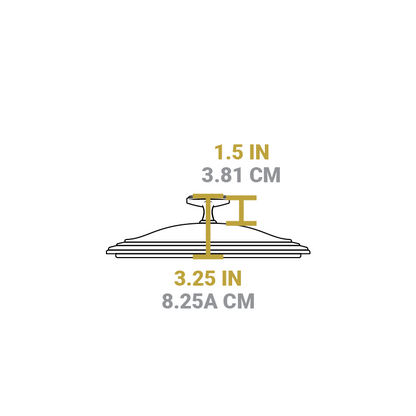 Dimensional drawing of product lid. Total height is 3.25 inches, height of knob is 1.5 inches.