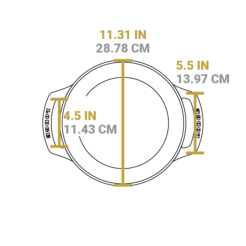 Dimensional drawing of product. Total diameter is 11.31 inches, width of handle is 5.5 inches, and width of handle opening is 4.5 inches.
