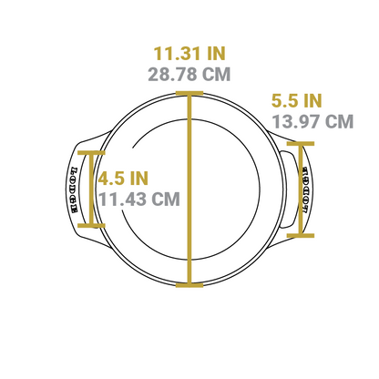 Dimensional drawing of product. Total diameter is 11.31 inches, width of handle is 5.5 inches, and width of handle opening is 4.5 inches.