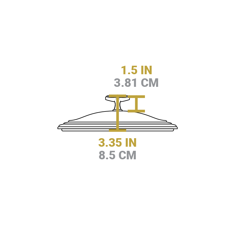 Dimensional drawing of product lid. Total height is 3.35 inches, height of knob is 1.5 inches.