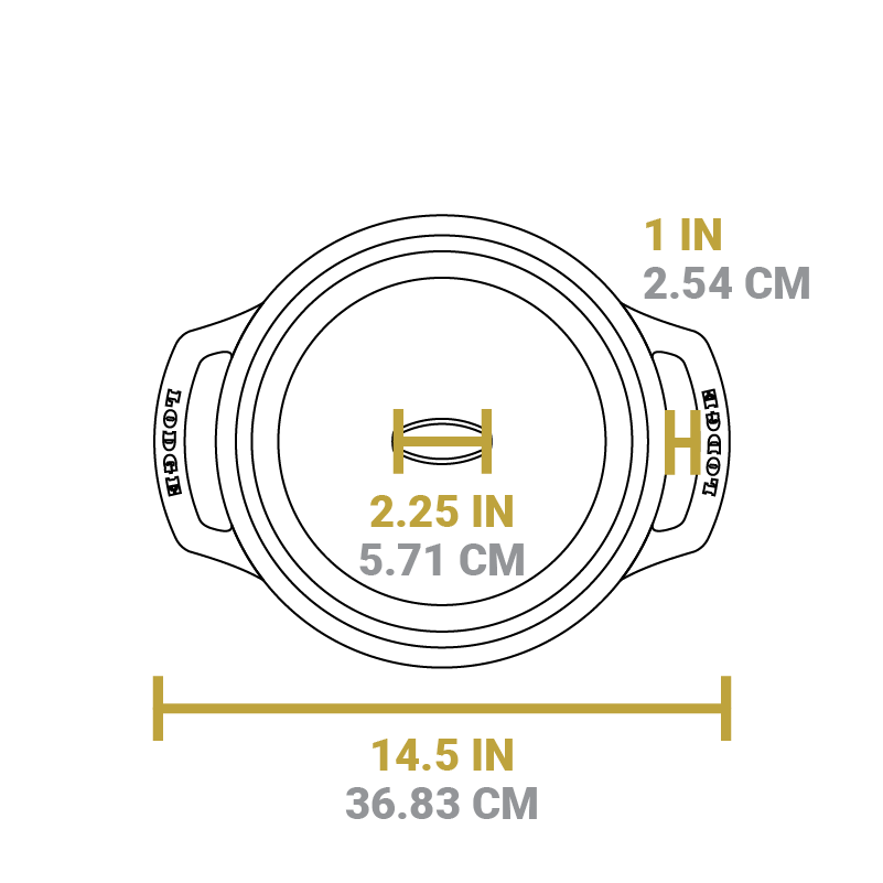 Dimensional drawing of product. Total width is 14.5 inches, width of knob is 2.25 inches, and length of handle opening is 1 inch.