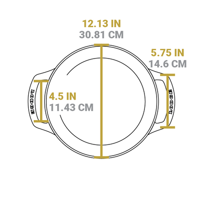 Dimensional drawing of product. Total diameter is 12.13 inches, width of handle is 5.75 inches, and width of handle opening is 4.5 inches.