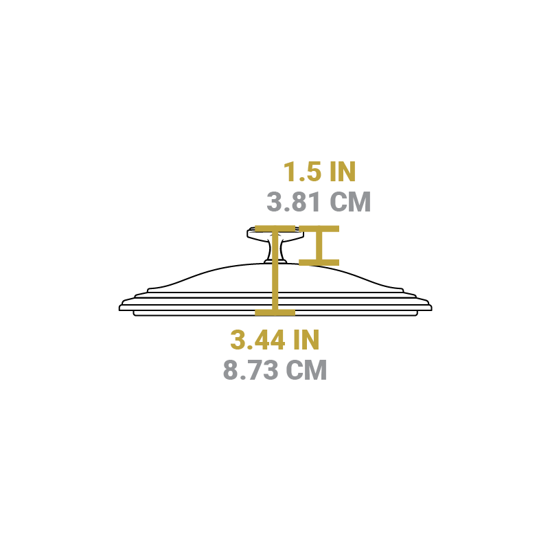 Dimensional drawing of product lid. Total height is 3.44 inches, height of knob is 1.5 inches.