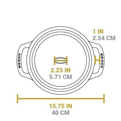 Dimensional drawing of product. Total width is 15.75 inches, width of knob is 2.25 inches, and length of handle opening is 1 inch.
