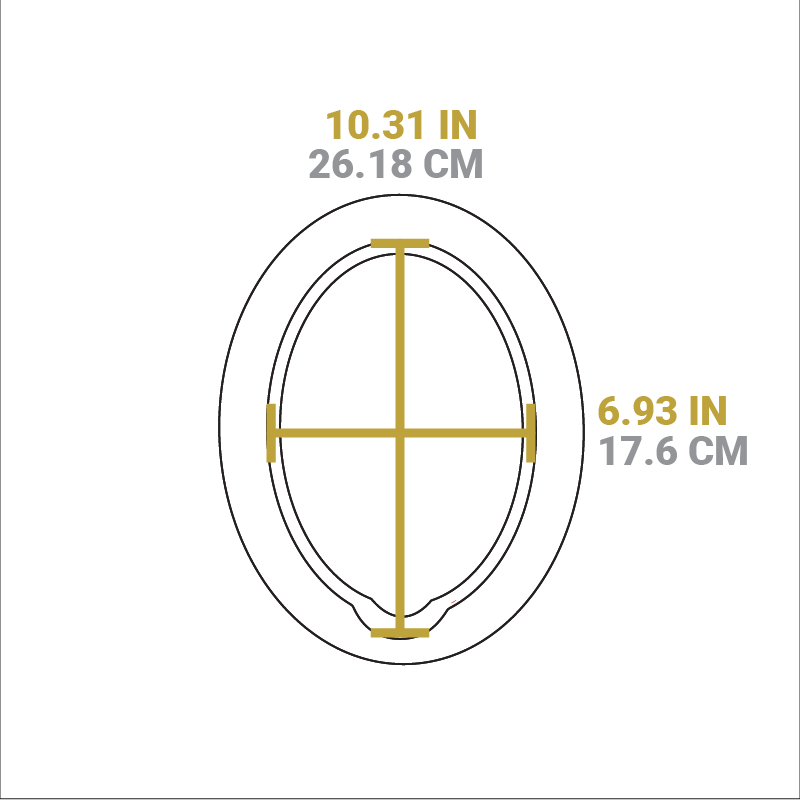 Dimensional drawing of underliner. Width of serving dish indentation is 10.31 inches, length of indentation is 6.93 inches.